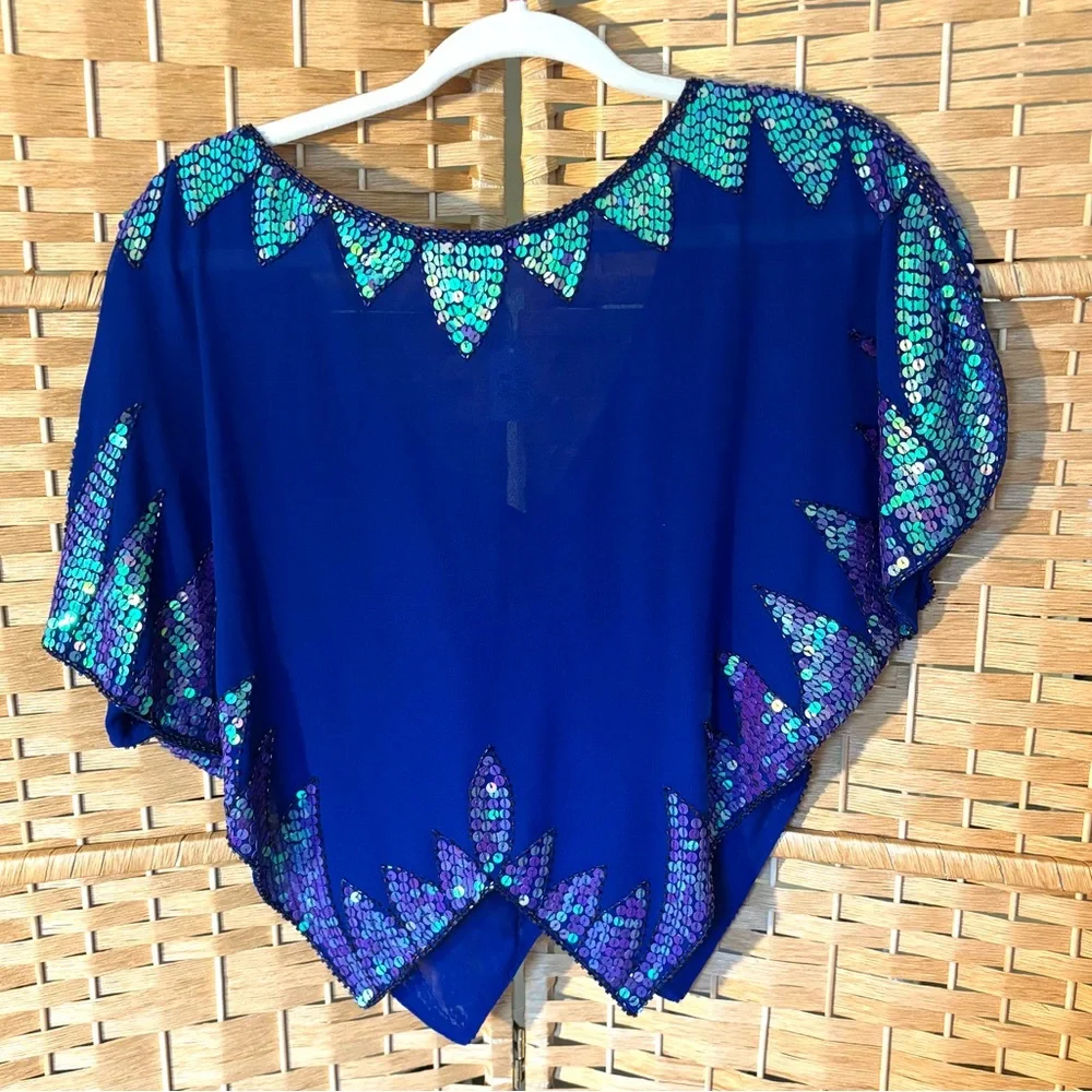 Free People Vintage Sequin Butterfly Blue Top in Blue 90s Festival Crop Small